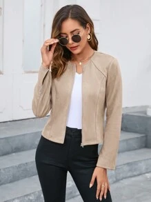 Editum Áo khoác khóa kéo màu trơn phía trước cho mùa thu/đông - Màu Khaki - Xem 3
