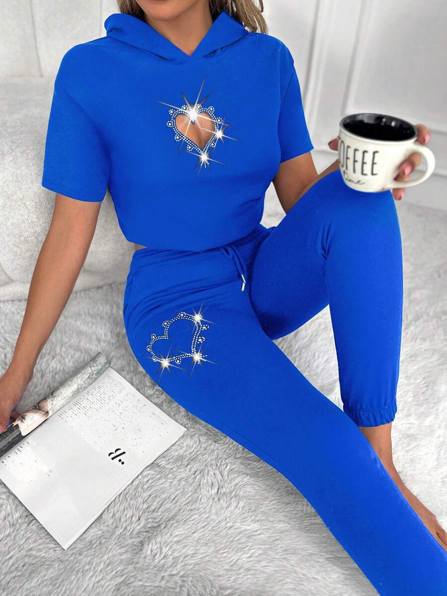 EURMUSE Rhinestone Detail Hooded Tee & Sweatpants - Blue - View 1
