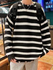 Manfinity Hypemode 男士圓領放肩條紋磨損毛衣 - 彩色 - 查看 4