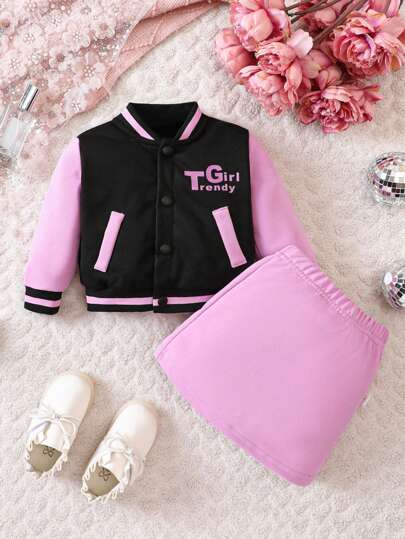 Baby Girls' Color Block Baseball Jacket And Skirt Set