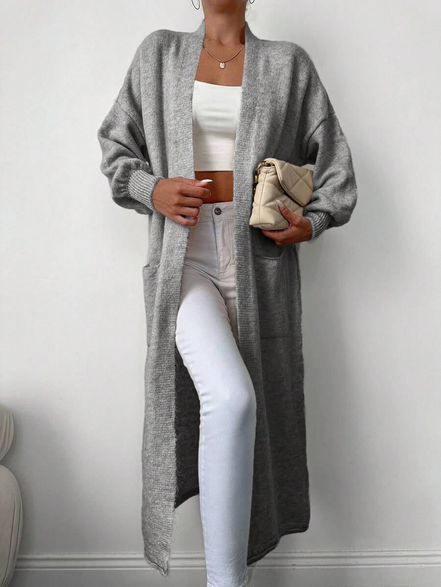 EURMUSE Dual Pocket Drop Shoulder Open Front Longline Duster Cardigan - Grey - View 1