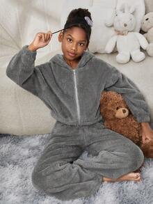 SHEIN Tween 女童秋冬休闲家居针织纯色连帽开衫上衣搭配吊带背心和纯色长裤 - 灰色 - 查看 5