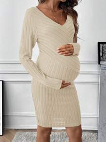 SHEIN Maternity Wrap Cross Ribbed Dress - Apricot - View 5