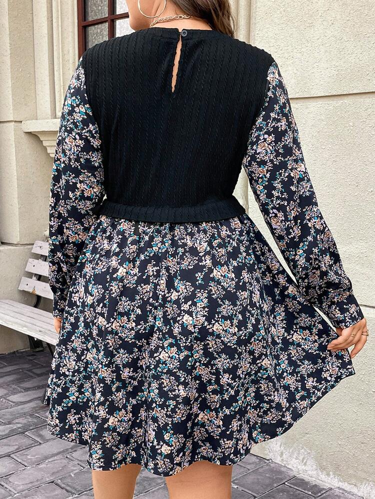 Plus Size Patchwork Floral Printed Long Sleeves Dress