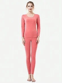 女款加厚雙面拉絨保暖內衣套裝 - 西瓜粉 - 查看 3