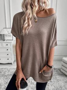 SHEIN Essnce Batwing Sleeve Loose Fit Sweater With Patch Pocket - Mocha Brown - View 1