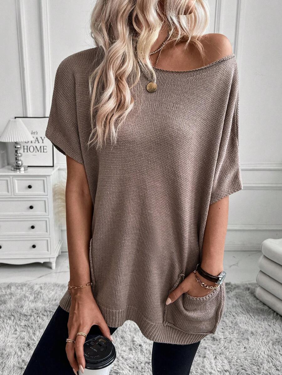SHEIN Essnce Batwing Sleeve Loose Fit Sweater With Patch Pocket - Mocha Brown - View 1