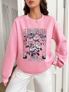 SHEIN EZwear Women's Floral Print Sweatshirt With Slogan - Baby Pink - View 1