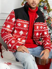 Manfinity VCAY Loose Fit Men's Christmas Print Zip Up Padded Coat, For Fall Winter - Multicolor - View 5