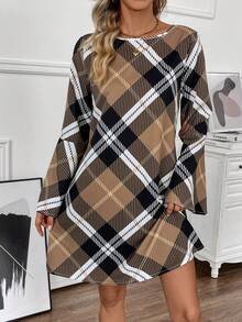 SHEIN Clasi 格子圓領長袖連衣裙 - 卡其色 - 查看 4