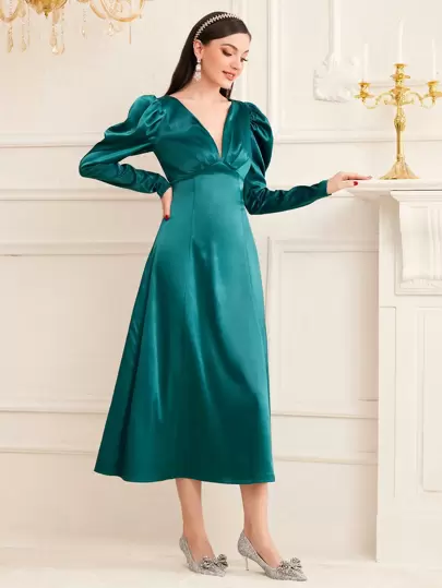 Modelyn Women's Leg Of Mutton Sleeve Satin Dress Long Evening Dresses