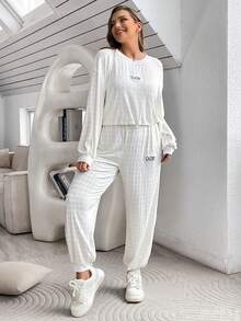 SHEIN Essnce 女式大尺碼字母徽章裝飾運動衫和運動褲兩件套 - 白色 - 查看 6
