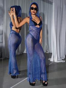 SHEIN ICON Của phụ nữ Màu thuần áo có mũ Nhìn xuyên qua Đầm - Xanh đậm - Xem 3