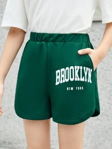Girls' Loose Fit Casual Shorts With Letter Print