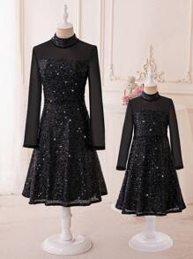 SHEIN Tween Girl Glitter Sequin Patchwork Dress - Black - View 1