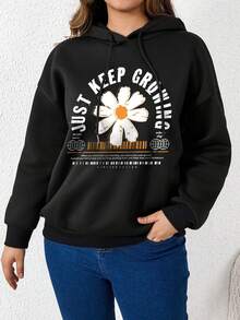 SHEIN LUNE Women's Plus Size Floral & Slogan Printed Drawstring Sweatshirt - Black - View 5