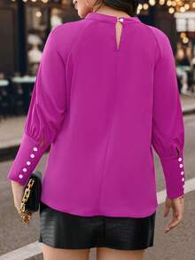 Celure Áo sơ mi trơn cỡ lớn dành cho nữ có cổ lỗ khóa và chi tiết cúc - Màu tím  Violet - Xem 2
