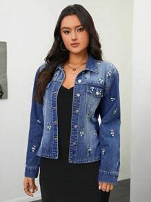 SHEIN Privé Embroidered Denim Jacket - Medium Wash - View 3