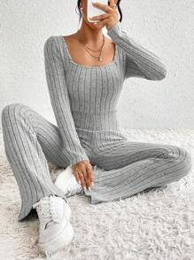 SHEIN Essnce 女士貼身連身褲,具有模擬頸部和肋骨紋路 - 灰色 - 查看 1