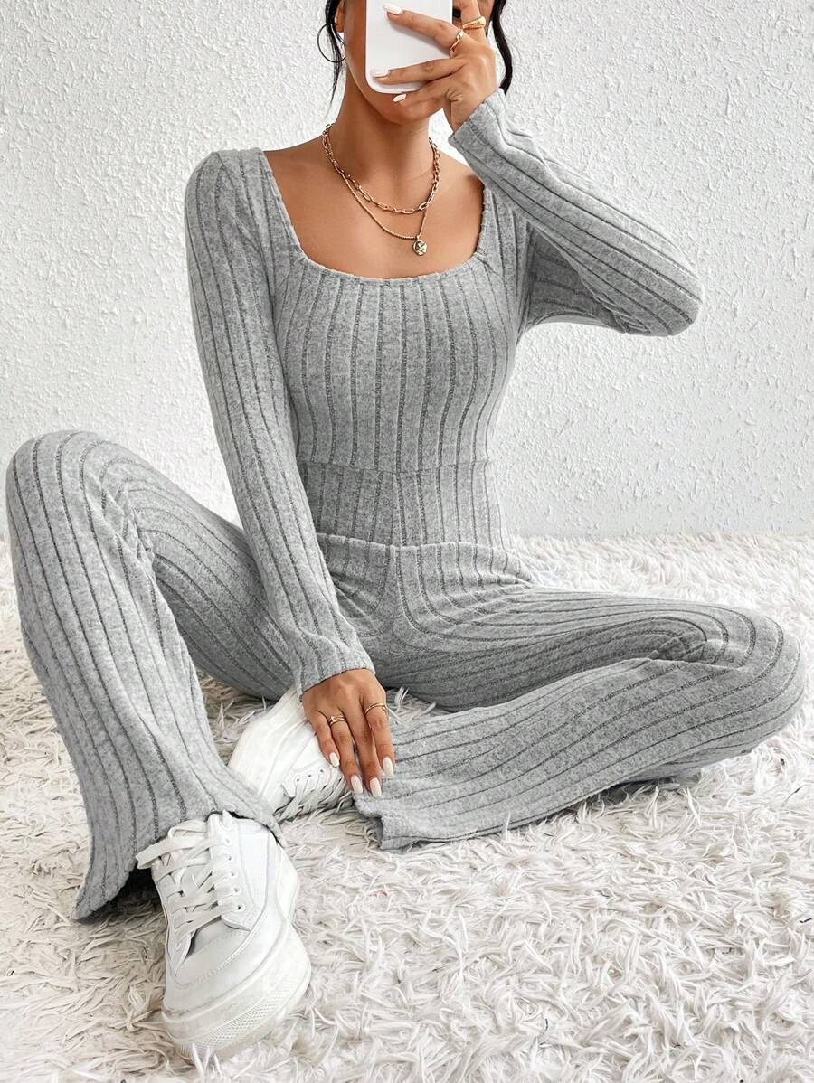 SHEIN Essnce 女士貼身連身褲,具有模擬頸部和肋骨紋路 - 灰色 - 查看 1