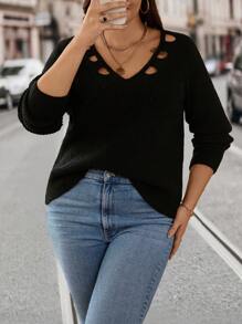 SHEIN Clasi 大尺寸鏤空落肩毛衣套頭衫 - 黑色 - 查看 4