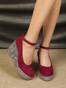 Zapatos Versátiles Y De Moda Con Tacón De Cuña Y Suela Gruesa En Terciopelo Rojo - Rojo - Ver 4