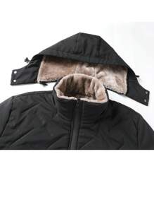 Men Teddy Lined Hooded Quilted Coat - Black - View 3