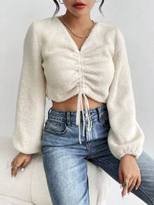 SHEIN Essnce 女款抽繩燈籠袖 T 卹 - 米色 - 查看 6