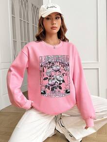 SHEIN EZwear Women's Floral Print Sweatshirt With Slogan - Baby Pink - View 6