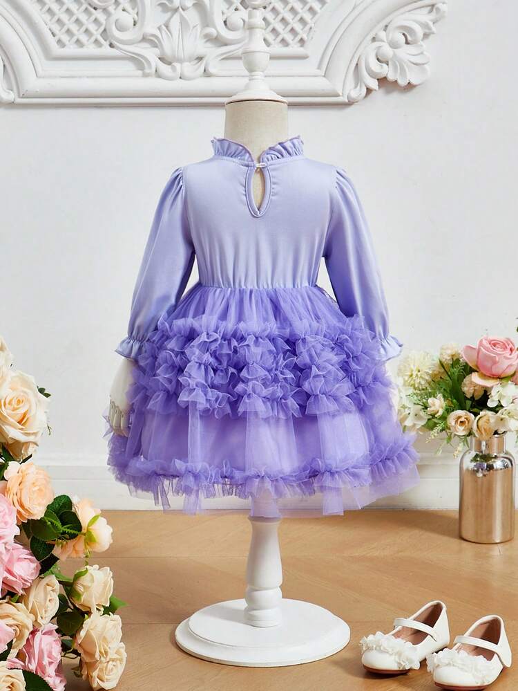 Baby Girl Patched Detail Frill Trim Layered Mesh Dress