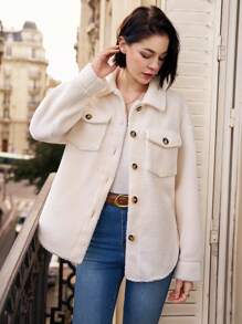 SHEIN Frenchy 女式單排扣毛絨夾克 - 米色 - 查看 4