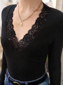 SHEIN Frenchy Women's Lace Patchwork Ribbed Tee - Black - View 6