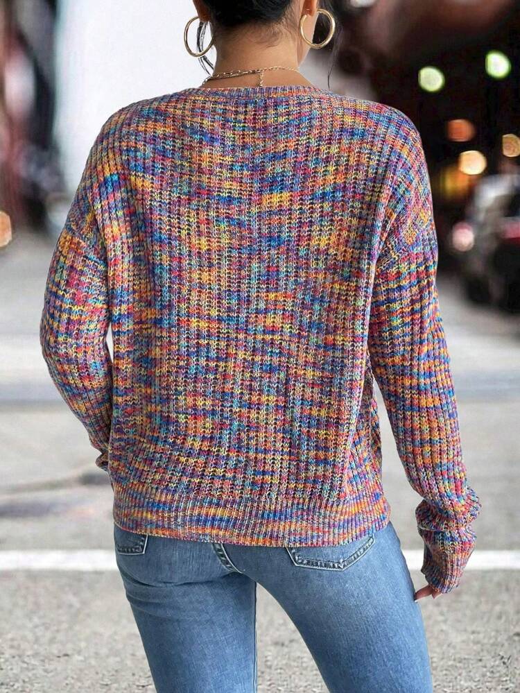 Women's Plus Size Notched Neck Mixed Color Loose Knit Drop Shoulder Sweater Knit Pullover Fall Winter Sweater