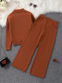 SHEIN Girls' (big) Solid Color Stand Collar Sweater Set - Coffee Brown - View 2