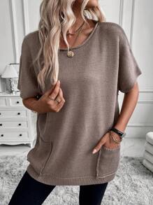 SHEIN Essnce Batwing Sleeve Loose Fit Sweater With Patch Pocket - Mocha Brown - View 5