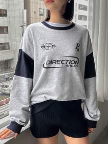 FRIFUL 女款字母印花落肩套頭衫 - 藏蓝色 - 查看 6