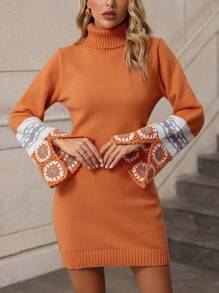 SHEIN Essnce Women's Contrast Color Turtleneck Sweater Dress - Orange - View 1
