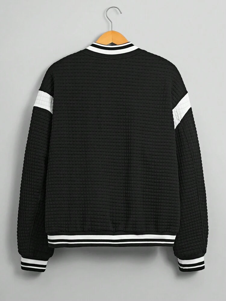 Oversized Men's Colorblock Striped Trim Drop Shoulder Varsity Jacket, For Fall Winter
