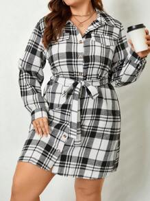 SHEIN LUNE Plus Size Plaid Belted Shirt Midi Dress - Black and White - View 4