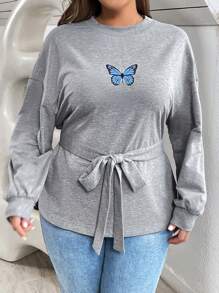 SHEIN Essnce Của phụ nữ Kích thước lớn Hình Bướm Thả vai Áo thun - Xám - Xem 3