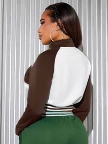 SHEIN SXY Women's Color Block Letter Pattern Half Zipper Cropped Sweatshirt - Coffee Brown - View 2