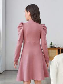 SHEIN Cô gái Tween Giải trí Màu thuần Ống tay áo Đầm Áo len Với Tròn Vòng cổ - Hồng - Xem 5