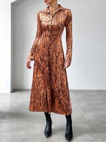 SHEIN Essnce Women's Velvet Button Front Cinching Waist Dress - Multicolor - View 5