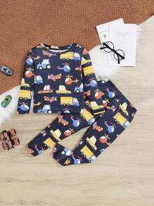 SHEIN 年輕男孩可愛舒適的卡通印花長袖長褲家居套裝 - 黑色 - 查看 6