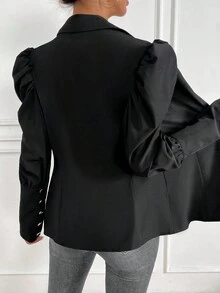 SHEIN Privé 泡泡袖金屬按鈕裝飾拉鍊襯衫 - 黑色 - 查看 2