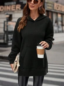 SHEIN LUNE Women's Solid Color Drop Shoulder Hooded Sweatshirt - Black - View 1