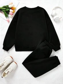 SHEIN Cô gái Tween Giải trí Tay áo dài Áo nỉ Và Quần thể thao Bộ , Thích hợp Đối với Mùa thu Và Mùa Đông - màu đen - Xem 2