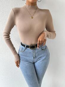 SHEIN Privé Quý cô Thon gọn Áo len - Màu Khaki - Xem 6