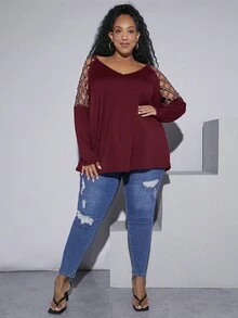 SHEIN CURVE+ Women's Plus Size Rhinestones Decorated Hollow Out T-shirt - Burgundy - View 3