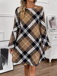 SHEIN Clasi 格子圓領長袖連衣裙 - 卡其色 - 查看 3